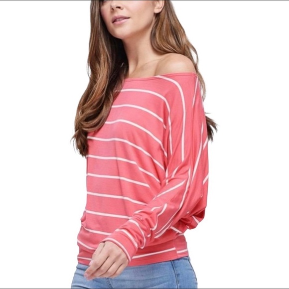 Bright Coral and White Stripe Dolman-Style Top | Legging Friendly | Size M - Picture 6 of 7